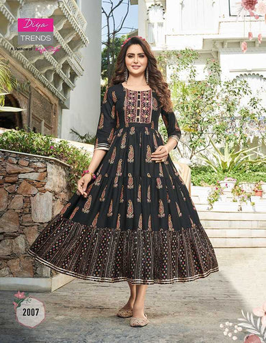 Black Classy Rayon Gold Prints with Sequence Embroidery Indian Ethnic kurti with dupata