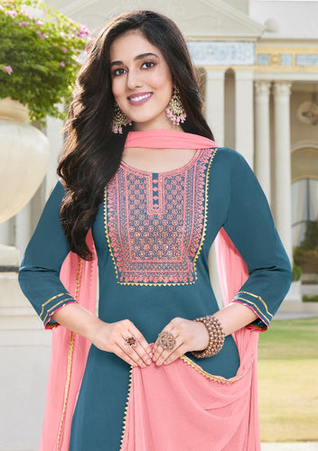 Aqua Rayon with Classy Gold Print & Fancy Embroidery Indian Ethnic kurti with dupata