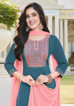 Aqua Rayon with Classy Gold Print & Fancy Embroidery Indian Ethnic kurti with dupata