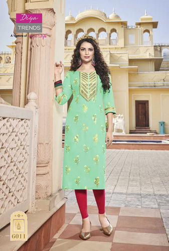 Aqua Rayon Foil Print with Sequence Embroidery Indian ethnic kurti with dupata
