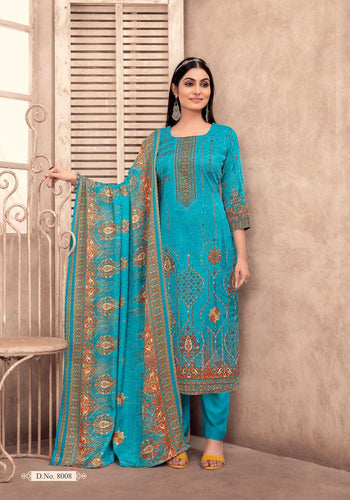 Aqua Kashmiri Wool Indian women's salwar kameez with dupatta ready to wear