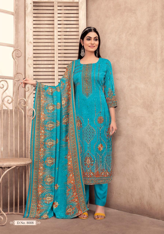 Aqua Kashmiri Wool Indian women's salwar kameez with dupatta ready to wear