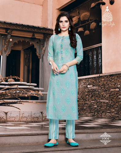 Aqua Chanderi Print Indian Ethnic kurti with dupata