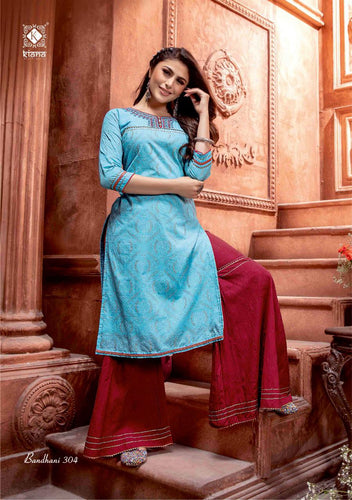 Aqua Silk Fabric –Bandhej Gold Print with Gotta Patti & Thread Indian Ethnic kurti with dupata