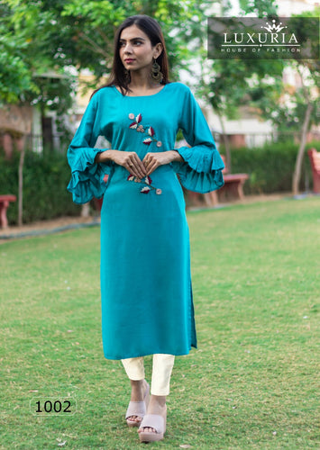 Aqua Premium Rayon Slub Handwork Indian Ethnic kurti with dupata
