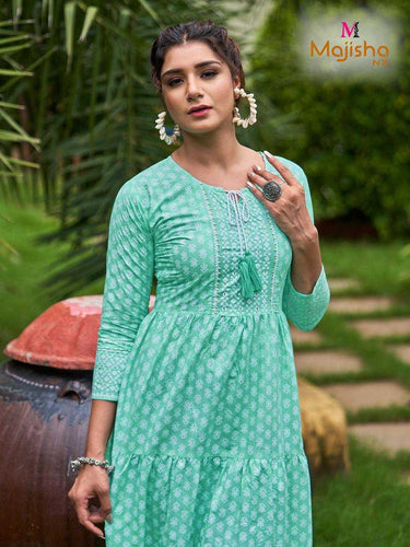 Aqua Cotton Mal Mal Print with Hand Indian Ethnic kurti with dupata