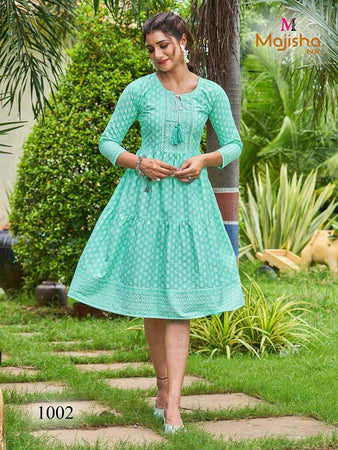 Aqua Cotton Mal Mal Print with Hand Indian Ethnic kurti with dupata