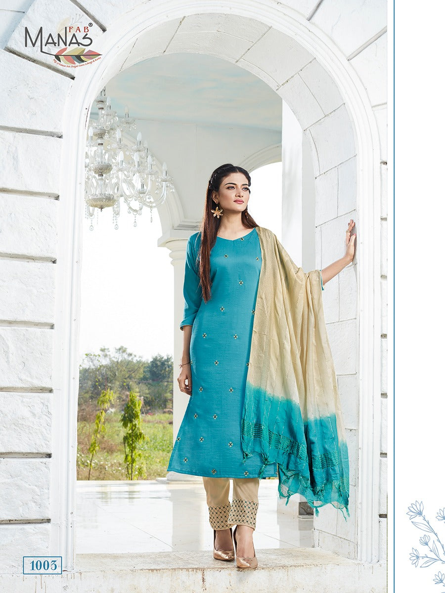 Aqua Chinon Silk Indian Ethnic kurti with dupata