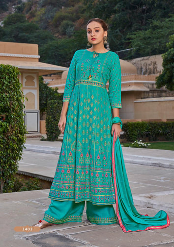 Aqua Heavy Rayon Print Indian women's salwar kameez with dupatta ready to wear