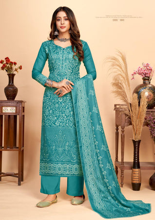 Aqua Pashmina Jacquard Indian women's salwar kameez with dupatta ready to wear
