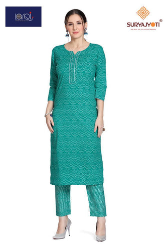 Aqua Cambric Cotton Indian Ethnic Kurti With Dupata
