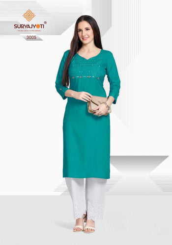 Aqua Rayon Cotton with Neck & Sleeves Embroidery with Swarovski Diamond Indian Ethnic kurti with dupata