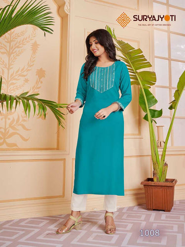 Aqua Rayon Cotton with Neck & Sleeves Embroidery Indian Ethnic kurti with dupata