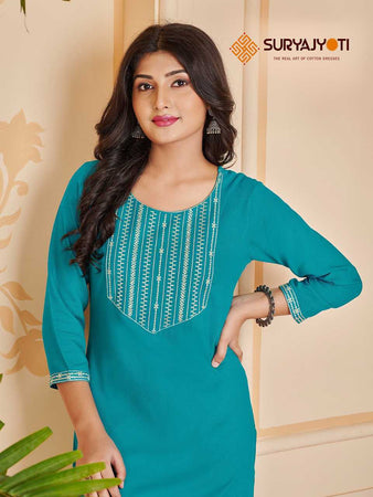 Aqua Rayon Cotton with Neck & Sleeves Embroidery Indian Ethnic kurti with dupata