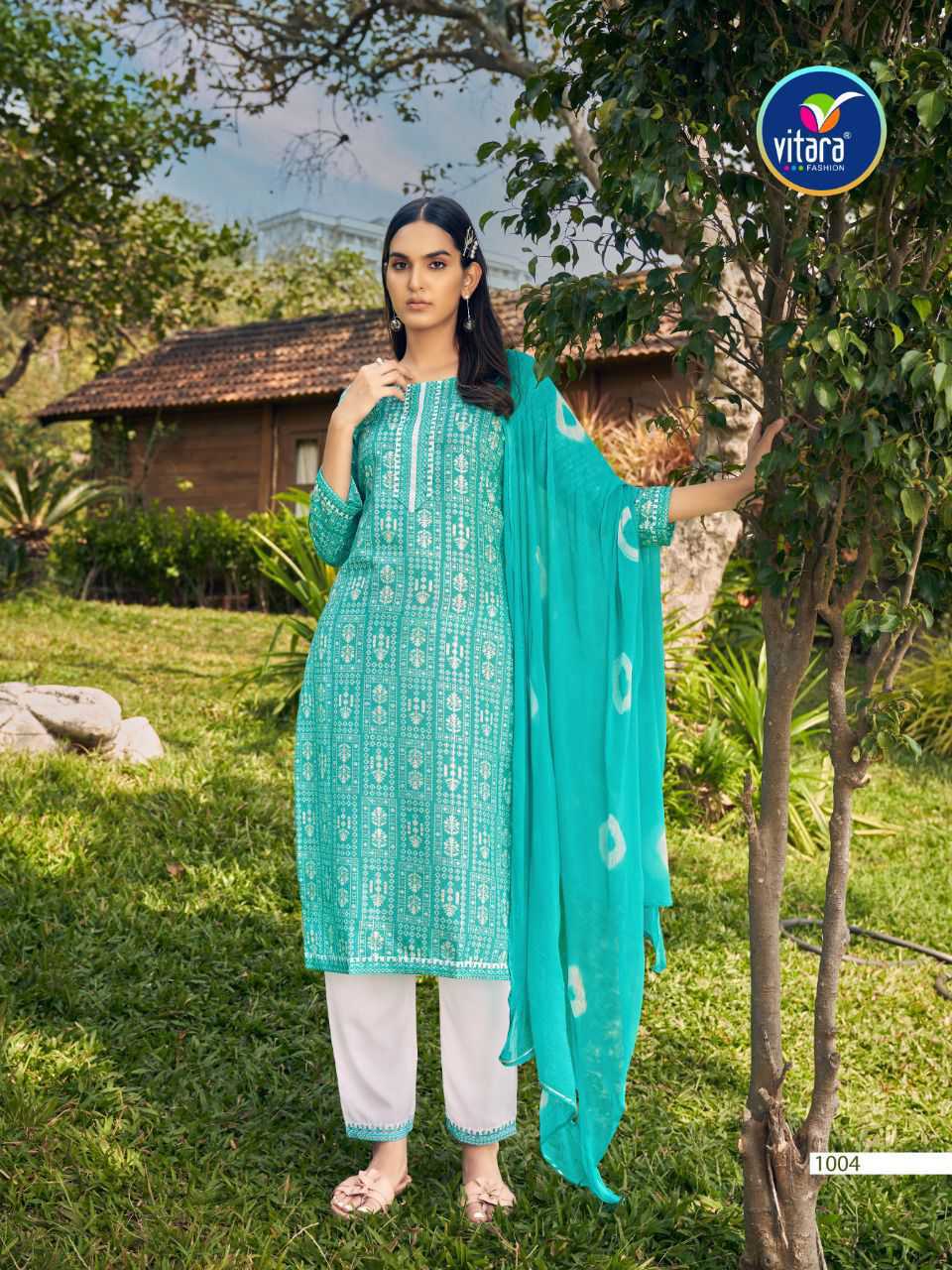 Aqua Rayon Print with Foil & Embroidery Indian Ethnic kurti with dupata