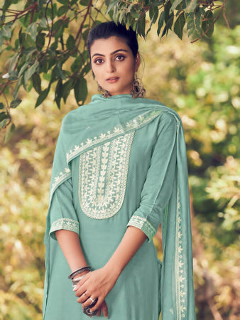 Aqua Viscose Chanderi with Embroidery Indian Ethnic Kurti With Dupata