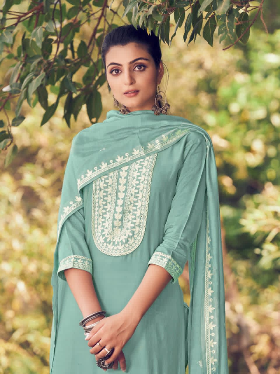 Aqua Viscose Chanderi with Embroidery Indian Ethnic Kurti With Dupata