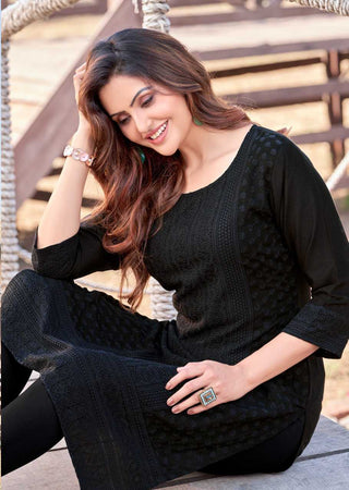 Black Finest Quality Rayon Chikan Indian Ethnic kurti with dupata