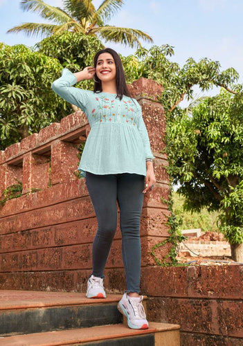 Aqua Rayon Base Self Weaving with Machine Embroidery Indian Ethnic Kurti With Dupata