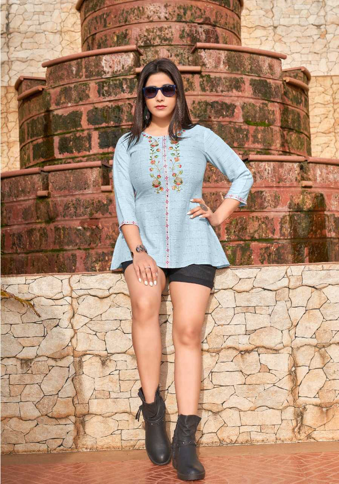 Aqua Rayon Base Self Weaving with Machine Embroidery Indian Ethnic Kurti With Dupata