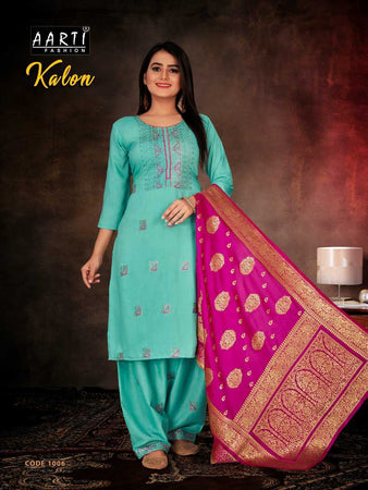 Aqua Chinon Silk Indian women's salwar kameez with dupatta ready to wear