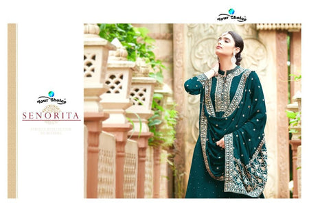 Green Chinon Indian women's salwar kameez with dupatta ready to wear