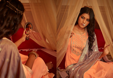Coral Heavy Muslin Silk Indian women's salwar kameez with dupatta ready to wear