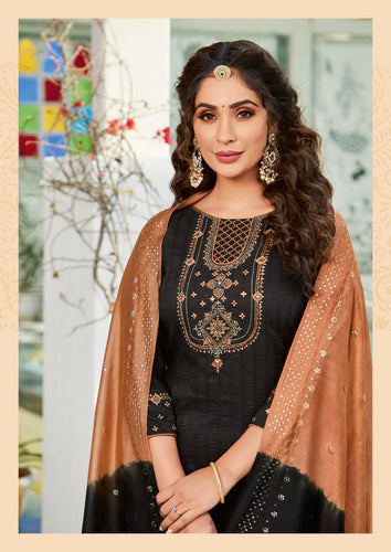 Black Chinon weaving Indian women's salwar kameez with dupatta ready to wear