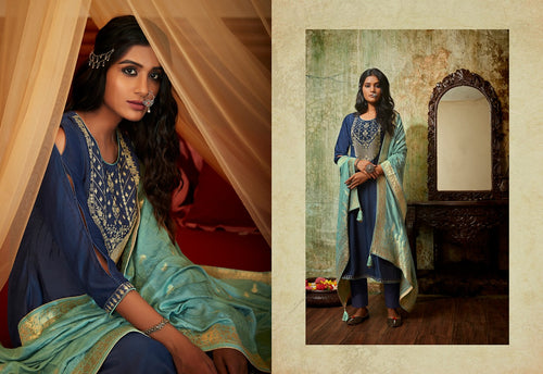 Blue Heavy Muslin Silk Indian women's salwar kameez with dupatta ready to wear