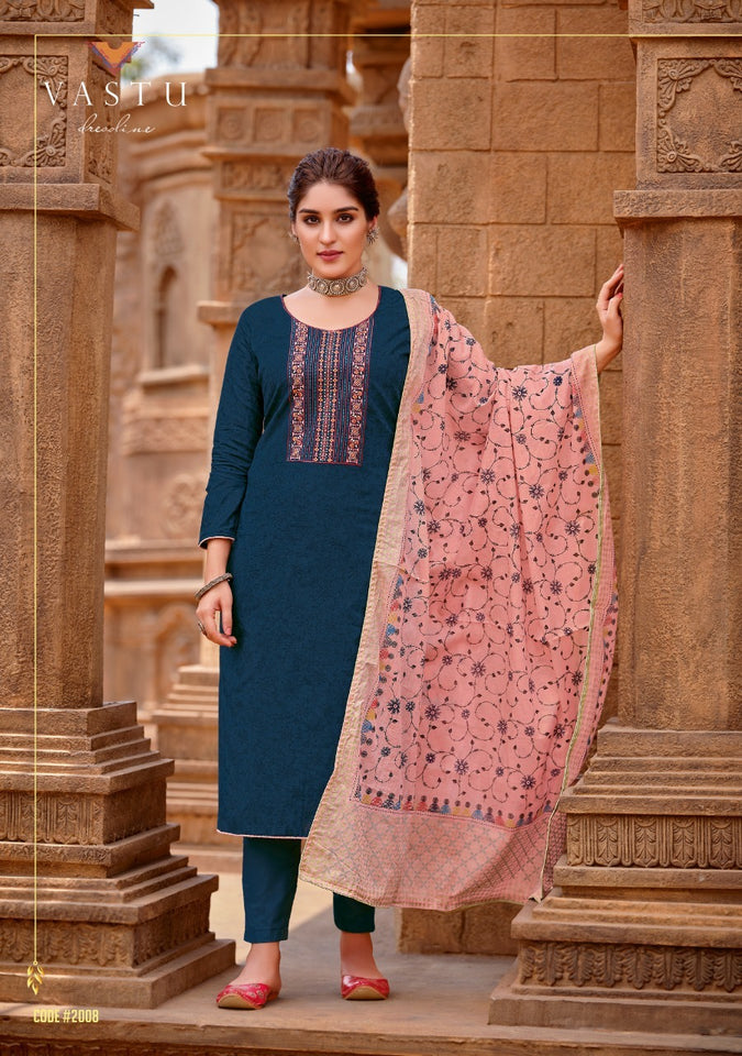 Blue Satin Cotton Indian women's salwar kameez with dupatta ready to wear