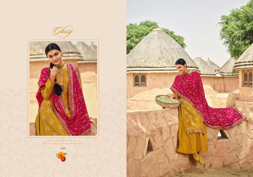 Gold Viscose Dola jacquard Indian women's salwar kameez with dupatta ready to wear