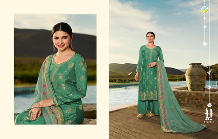 Green Muslin Jacquard Indian women's salwar kameez with dupatta ready to wear