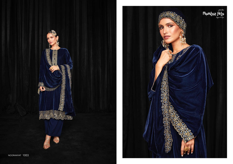 Blue Pure Soft Velvet Indian women's salwar kameez with dupatta ready to wear