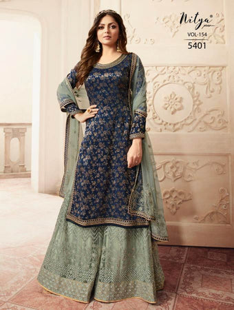 Blue Dola Jacquard Indian women's salwar kameez with dupatta ready to wear