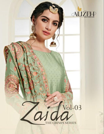 Green Chinon Indian women's salwar kameez with dupatta ready to wear