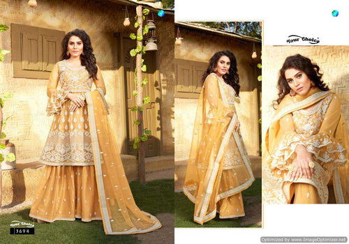 Gold Butterfly Net Indian women's salwar kameez with dupatta ready to wear